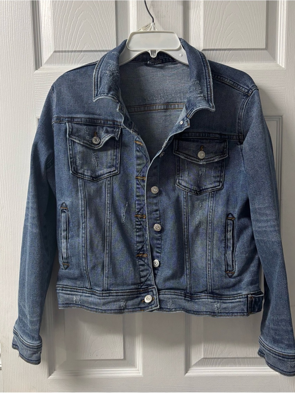 Zara Distressed Medium Dark Blue Denim Utility Jean Jacket Women's Size XL